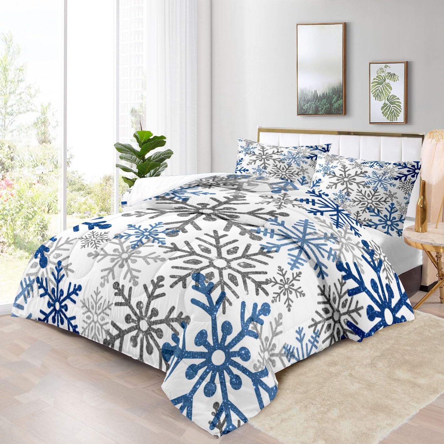 Yilinata Blue Snowflake Comforter Set Winter Christmas Frozen Printed Quilt Bedding Set with 1 Comforter and 2 Pillow Covers for Bedroom Dormroom All Season King 104x90inches