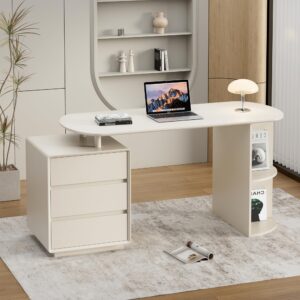 qulomvs computer desk, 55inch home office desk with drawers and storage shelves, cream white desk modern simple style laptop desk, work study writing table workstation for home office