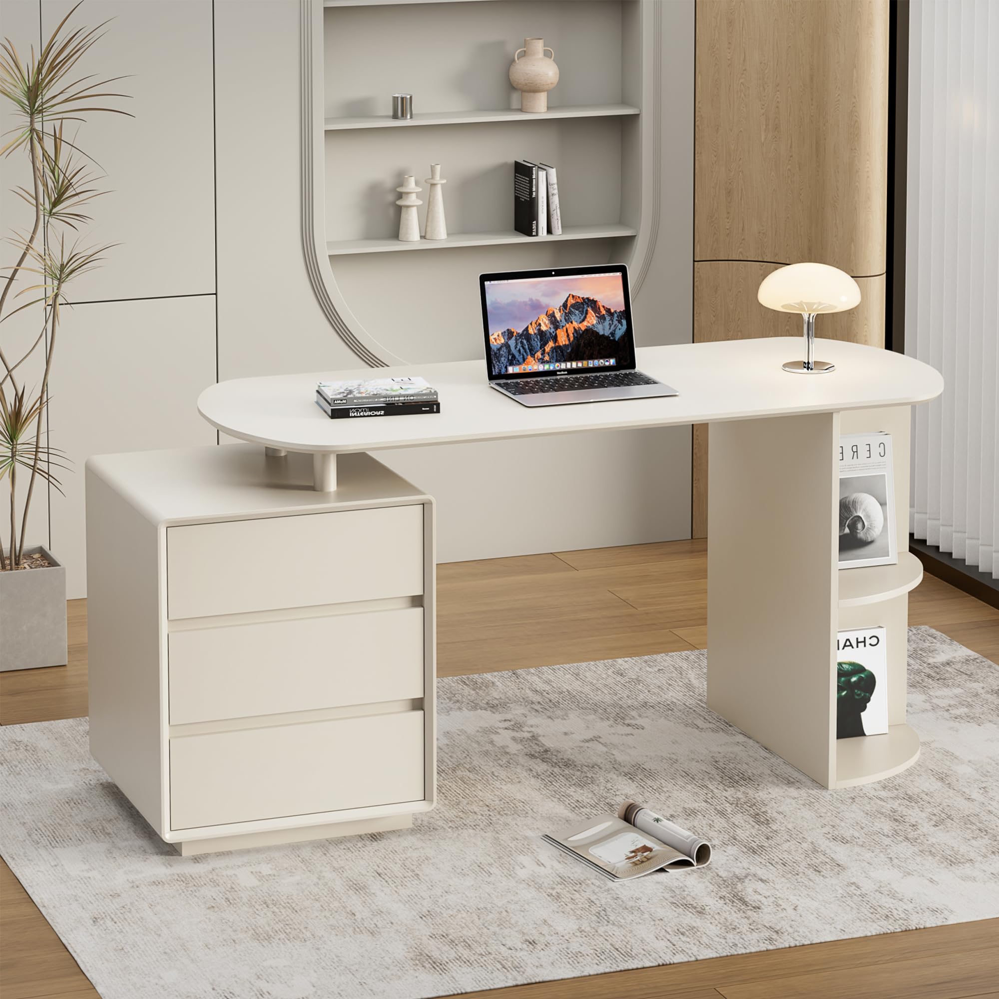 Qulomvs Computer Desk, 55inch Home Office Desk with Drawers and Storage Shelves, Cream White Desk Modern Simple Style Laptop Desk, Work Study Writing Table Workstation for Home Office