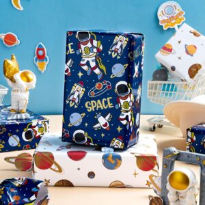 MIMUTI Space Wrapping Paper - Astronaut Gift Wrap Mini Roll - Kids Blue Space Birthday Gift Wrap Roll Boys Wrapping Paper Outer Space Party Favor - 17 in X 33 ft Suitable for Birthdays, Parties