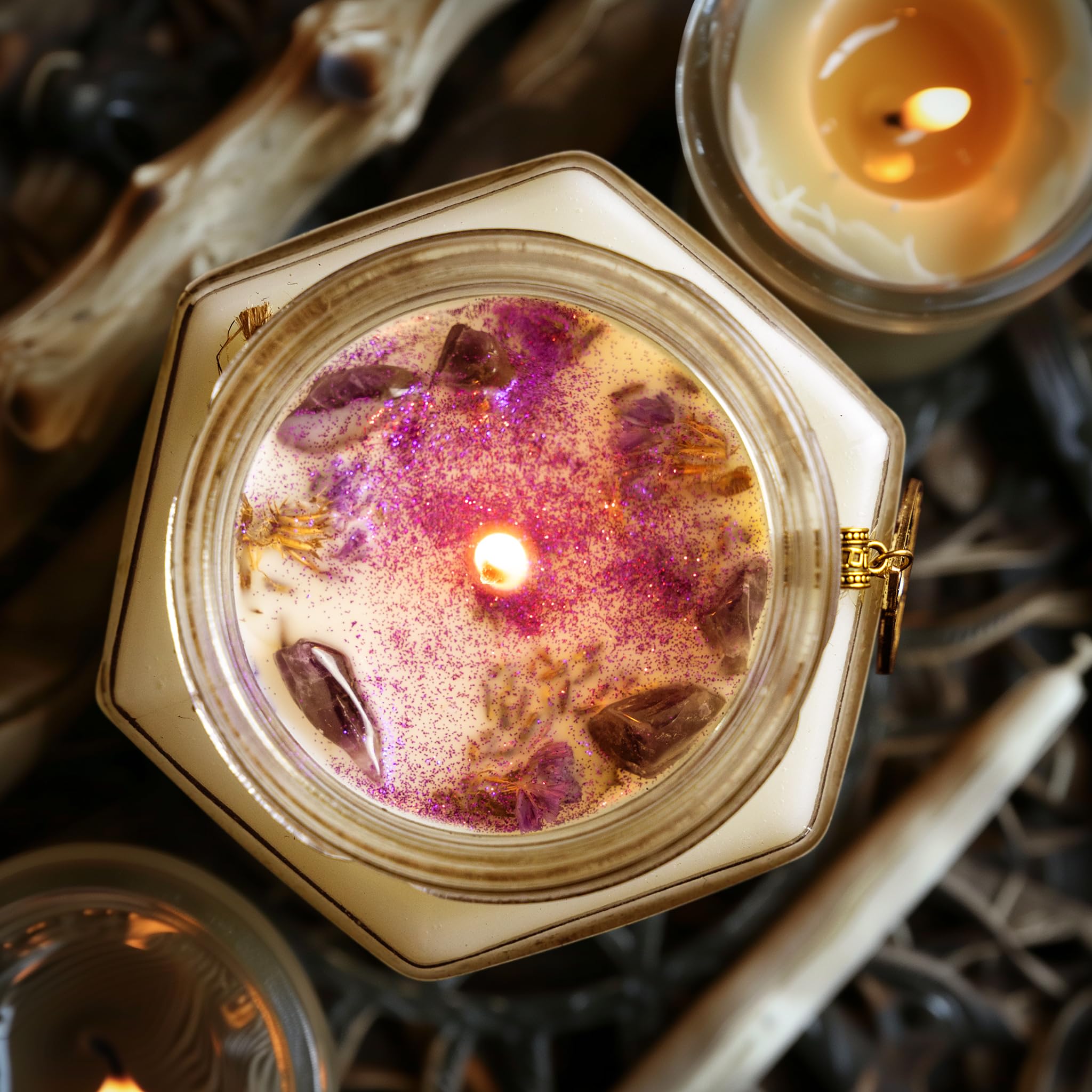 DECOPIRE Tarot Cat Protection Crystal Candle, Handcrafted, Amethyst & Dry Flowers, Amber & Sandalwood Scent, for Birthdays, Witchcraft, Relaxation