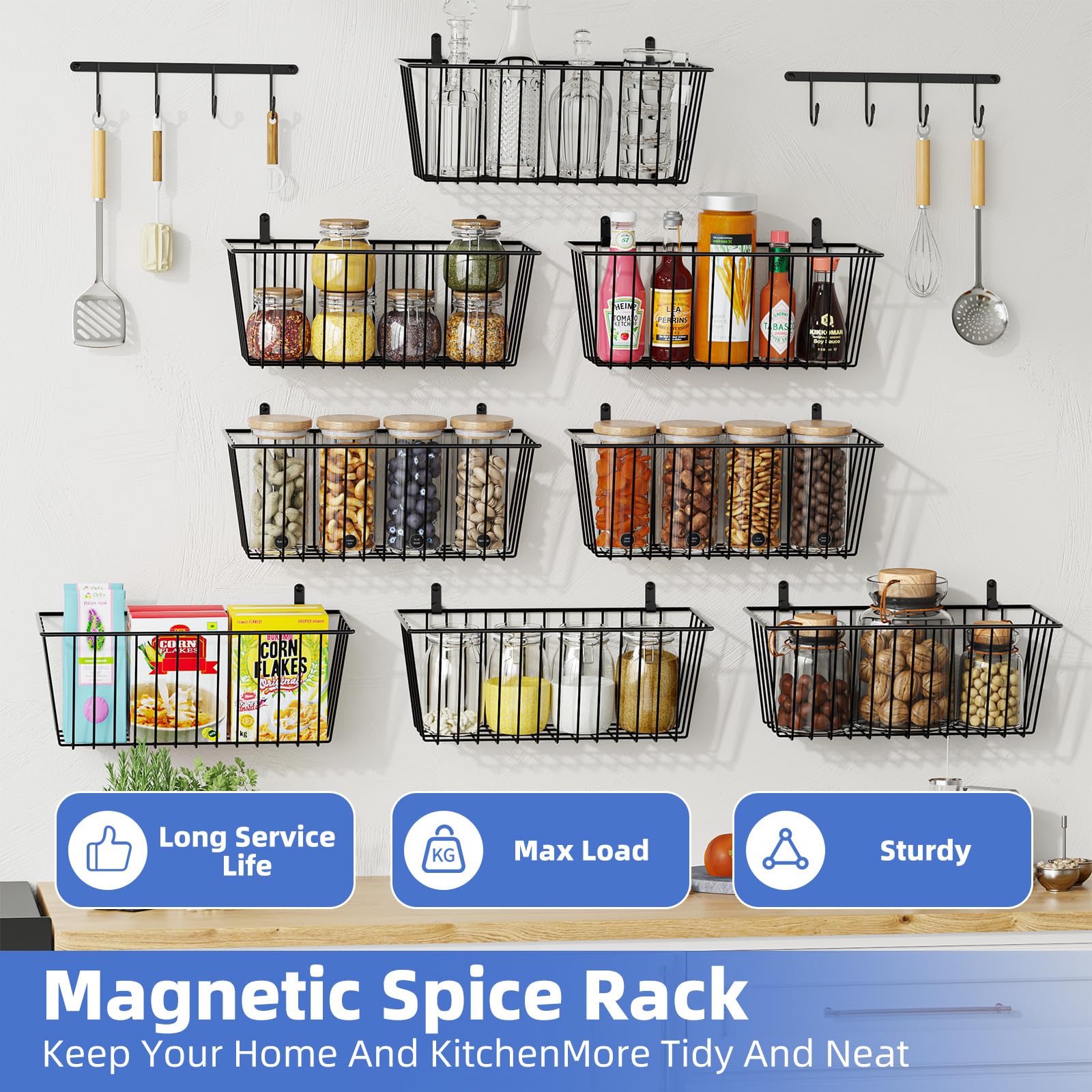 Simple Trending 8 Pack Spice Rack with 8 Hooks For Kitchen, Wall Mount Hanging Spice Organizer For Holds 192 Spice Jars,Bathroom or Pantry Door, Storage, Black