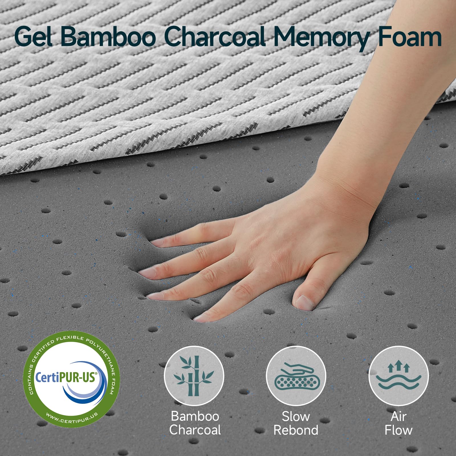 4 Inch Gel Bamboo Charcoal Memory Foam Mattress Topper with Removable Soft Cover, Queen Size, Dual Layer Foam Bed Topper for Back Pain, Pressure Relief, Soft Firmness - CertiPUR-US Certified