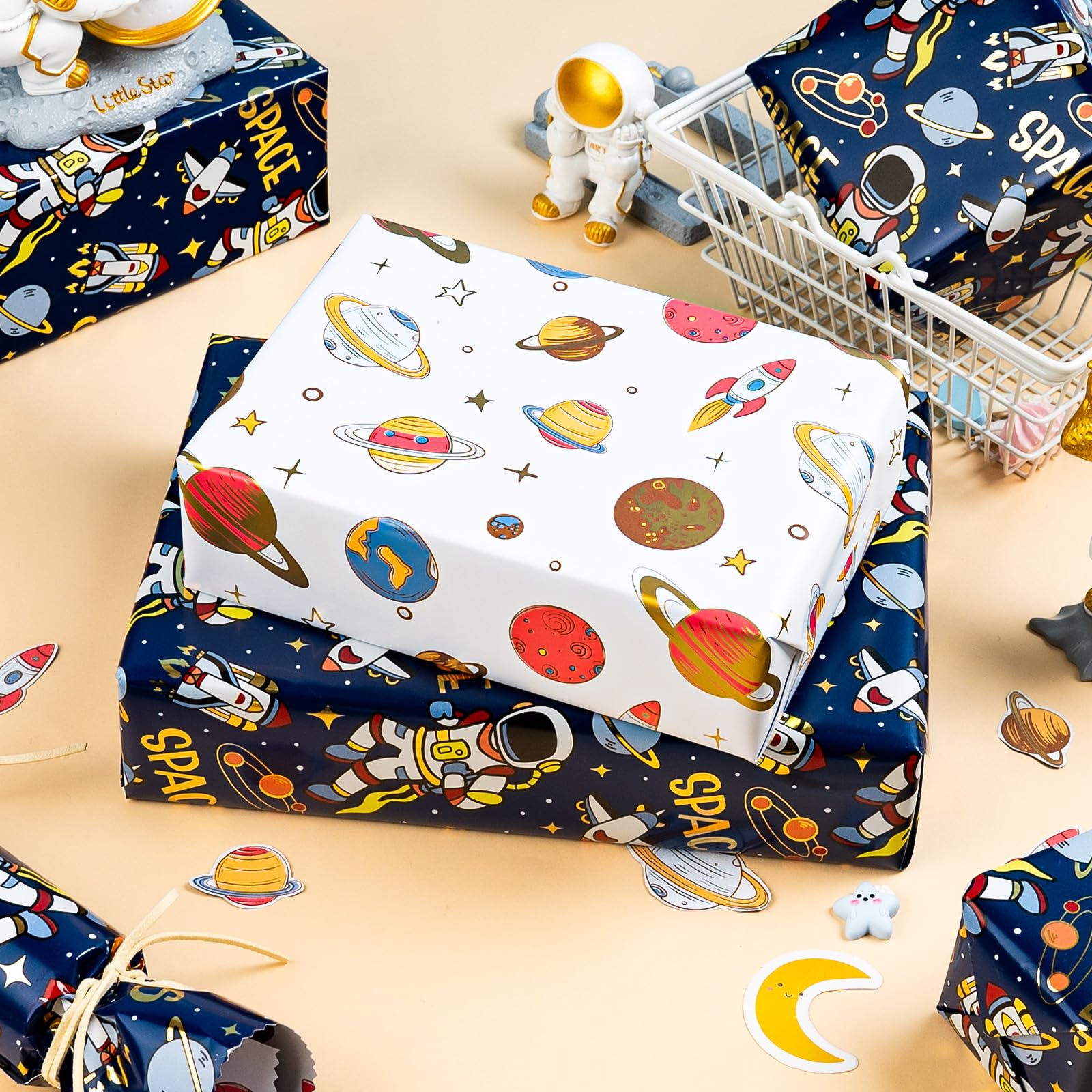 MIMUTI Space Wrapping Paper - Astronaut Gift Wrap Mini Roll - Kids Blue Space Birthday Gift Wrap Roll Boys Wrapping Paper Outer Space Party Favor - 17 in X 33 ft Suitable for Birthdays, Parties