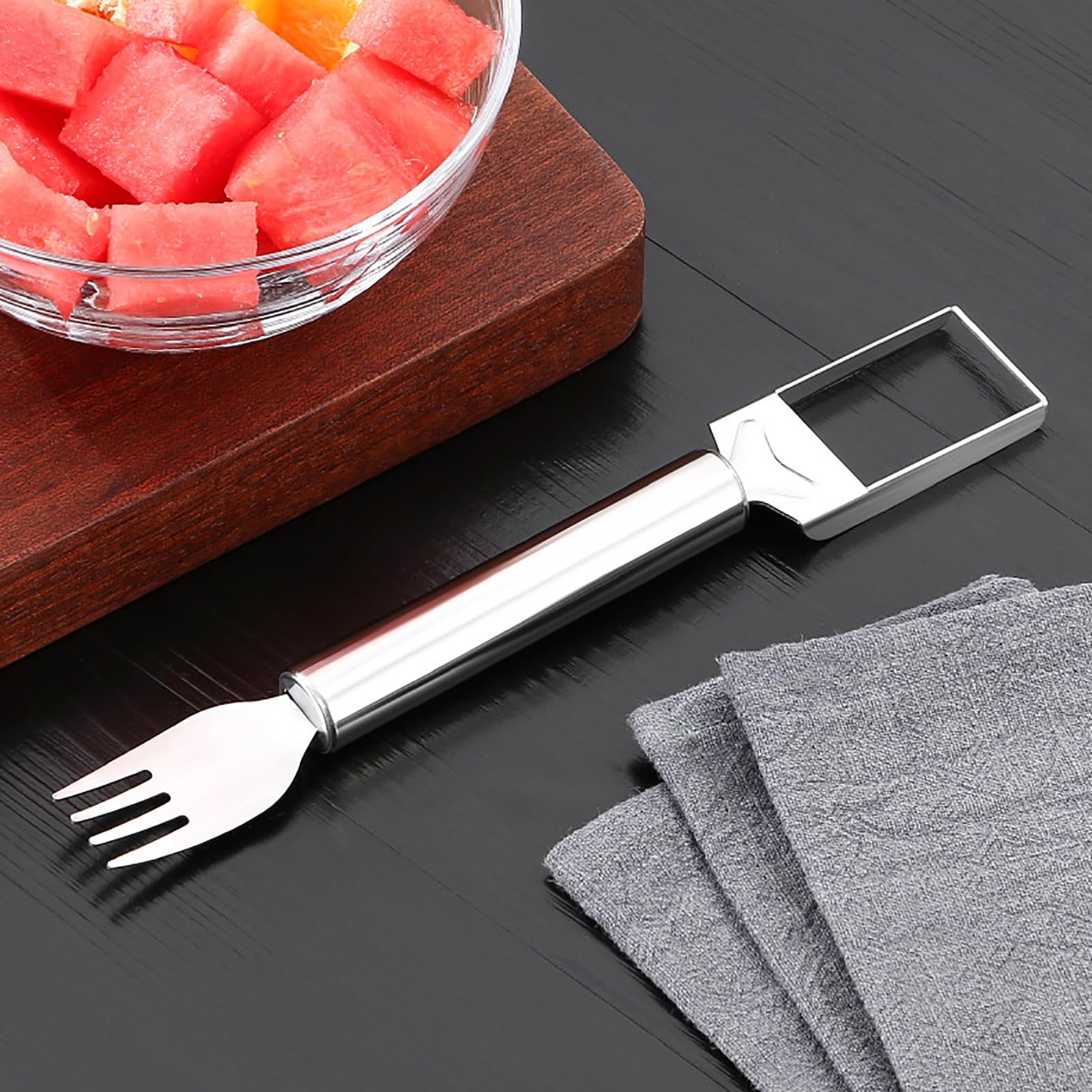 2024 Upgraded 2-in-1 Stainless Steel Fruit Cutter: Dual-Functional Fork & Knife with Ergonomic Round Handle for Fruits & Watermelon - Ideal Summer Kitchen Gadget for Home Use (B 1Pcs)