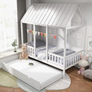 KOMFOTT Twin Size House Bed with Trundle, Wood Kid’s House Bed Frame with Roof, Windows, Fence Rails, Playhouse Bed Frame with Sturdy Bed Slats for Boys & Girls, No Box Spring Needed (White, Twin)