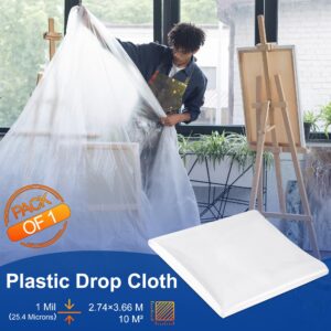 PROMORE 9x12 Ft 1-Mil Clear Plastic Drop Cloth - Thickened Painter's Sheet for Painting, Furniture, Walls, and Floor Protection (108 Sq Ft)