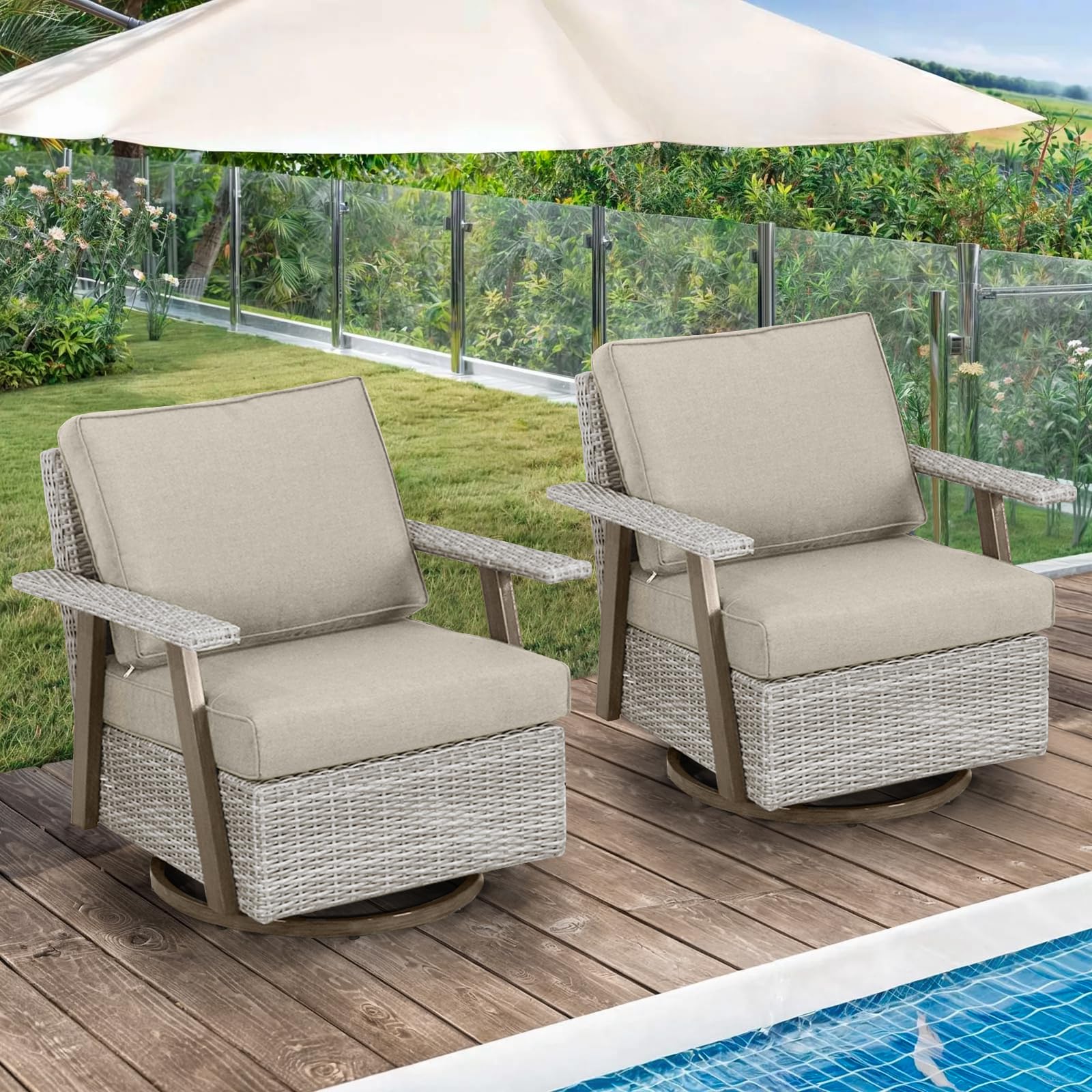 Auzfy 2 Pieces Oversized Outdoor 360° Swivel Rocker Patio Chairs Set, Outdoor Swivel Rocking Glider Chairs Set of 2, PE Wicker Rattan Outdoor Patio Swivel Rocking Furniture Set, Grey