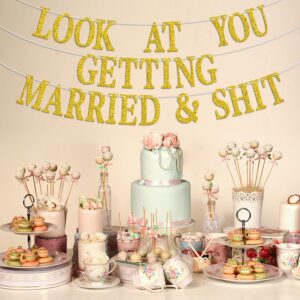 Look at You Getting Married Banner, Backdrop for Wedding Engagement Bridal Shower Party Decorations Supplies, Gold Glitter