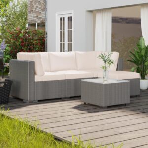 PioneerWorks 5-Piece Outdoor Patio Rattan Wicker Sofa Set, PE Rattan Conversation Sectional with Thickened Back Cushion, Glass Tabletop, Ottoman - Ideal for Courtyard Space, Beige