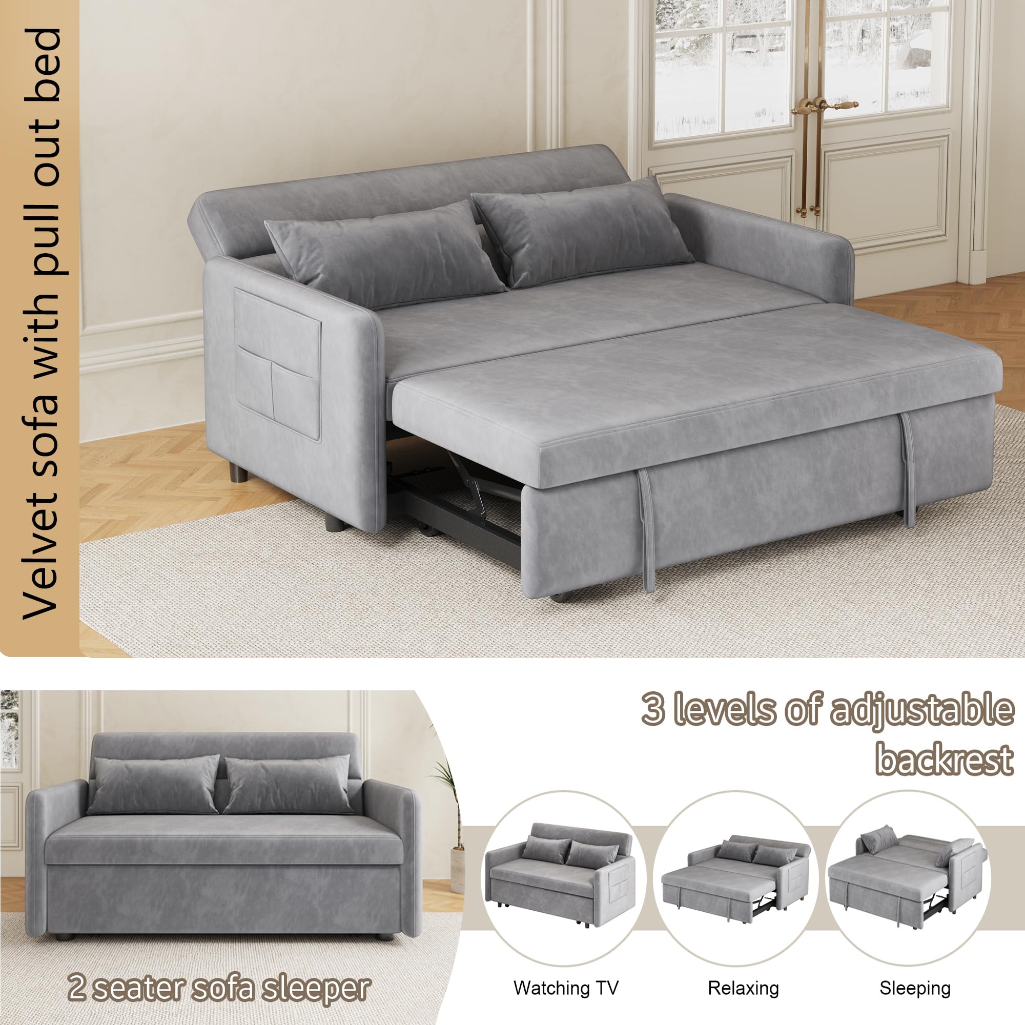 Anwick Modern Velvet 3 in 1 Sleeper Sofa Bed,Convertible Folding Futon Sofa Pull Out Couch Bed with 3 Reclining Backrests,Pillows,54" Small Love Seat for Compact Living Room Office (Gray, 54")