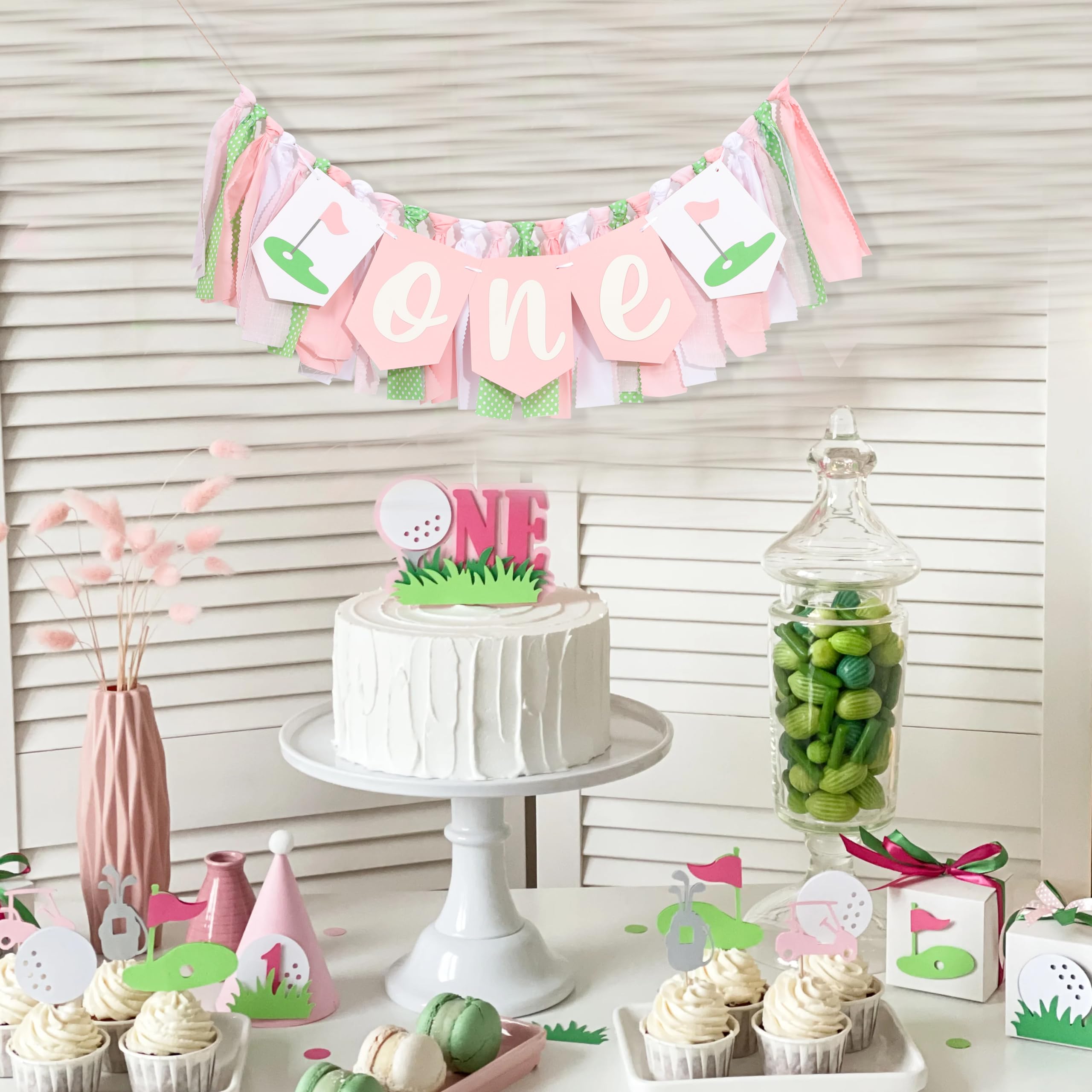 Golf 1st Birthday Decorations For Girls - Hole In One High Chair Banner,Sports Themed First Birthday Photo Props,Golf Pink Green Ribbon One Banner,Baby Girl Smash Cake Backdrop Highchair Banner