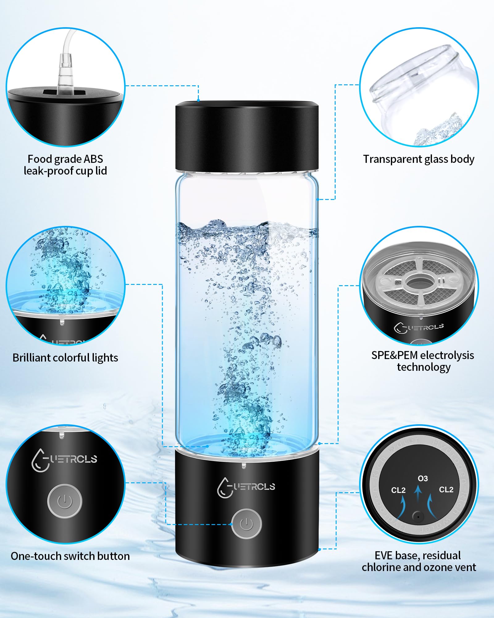 Hydrogen Water Bottle 2024, Hydrogen Water Bottle Generator with SPE PEM Technology Water Ionizer, Hydrogen Water Machine Improve Water in 3 Minutes for Home, Office, Travel, Daily Drinking(Black)