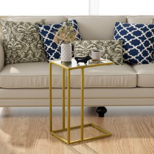 C Shaped End Side Table Set of 2,Couch Sofa Table for Small Space,Tempered Glass Snack Side Table with Metal Frame for Living Room, Bedroom, Bedside, Modern Style, Gold