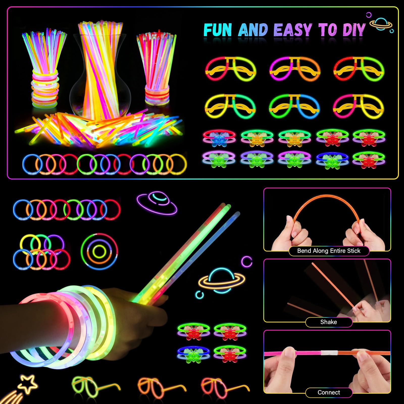 OLUPP Glow in the Dark Party Supplies, 264 PCS Light Up Party Favors with LED Glasses,Glow Sticks,Finger Lights,LED Hair Clips,Slingshot,Glasses Molds,Butterfly Bracelet for Glow Party,Raves,Birthday