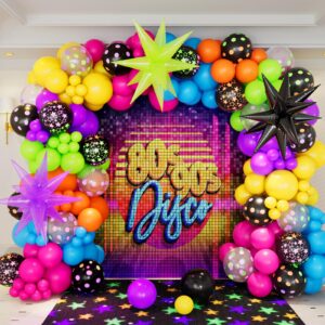 dbkl 190pcs rainbow balloon garland arch kit with neon luminous fluorescent balloons, disco balloons glow in the dark party decorations for back to 80s 90s birthday disco party supplies