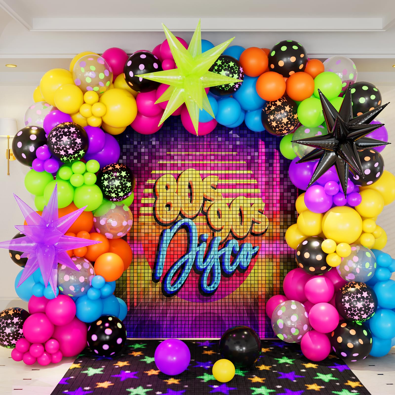 DBKL 190Pcs Rainbow Balloon Garland Arch Kit with Neon Luminous Fluorescent Balloons, Disco Balloons Glow in the Dark Party Decorations for Back to 80s 90s Birthday Disco Party Supplies