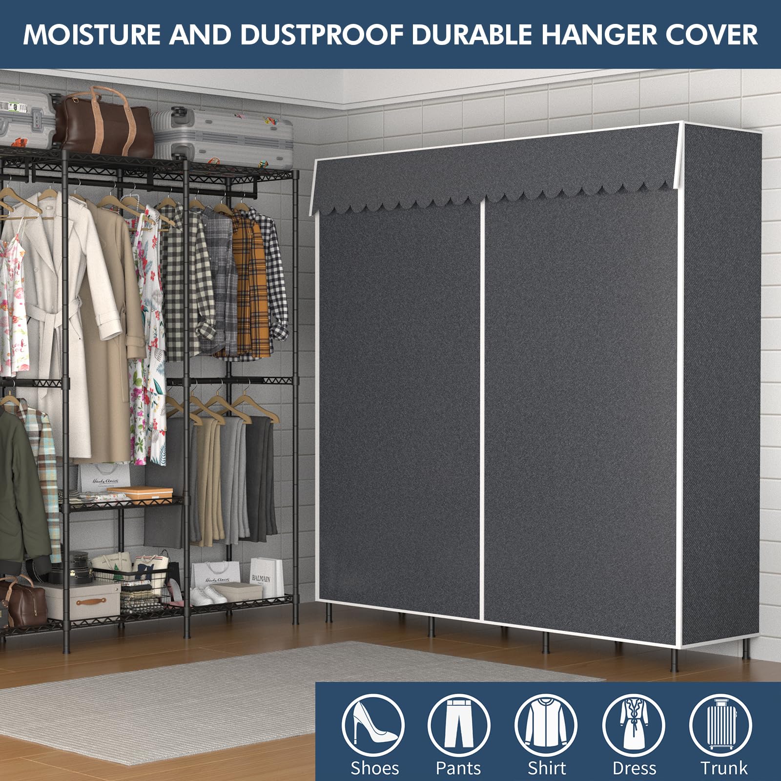 68 inch Heavy Duty Portable Closet Wardrobe Closet with Cover Large Storage Clothes Rack for Hanging Clothes Metal Armoire Wardrobe Closet Shelves Freestanding Clothing Racks for Bedroom Gray 660 LBS