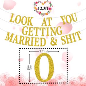 Look at You Getting Married Banner, Backdrop for Wedding Engagement Bridal Shower Party Decorations Supplies, Gold Glitter