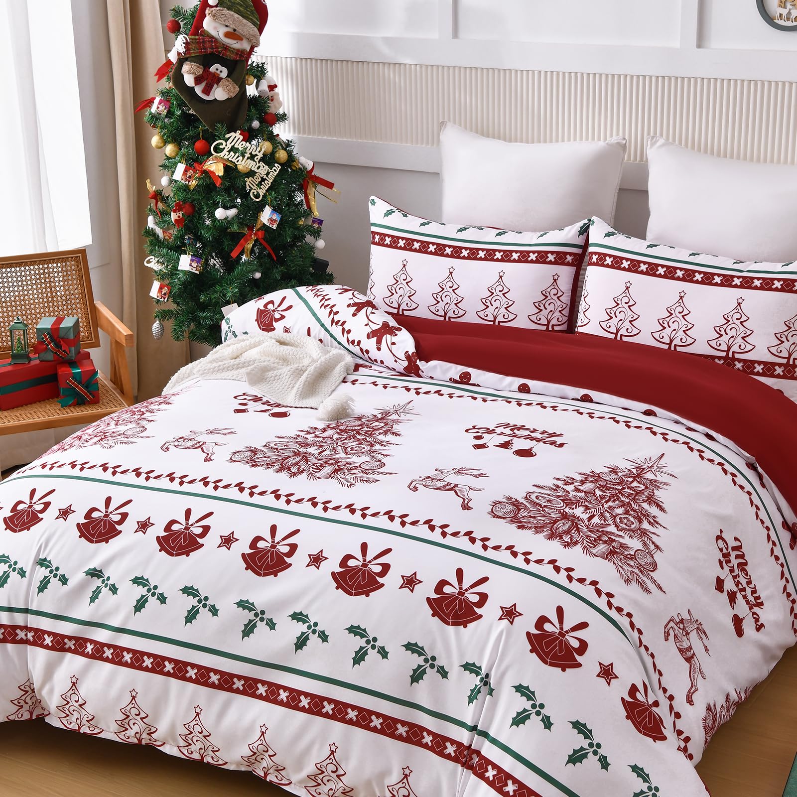 Xruibed Christmas Duvet Cover Set Queen Size 3PCS Xmas Tree Reindeer Pattern Duvet Cover Lightweight Microfiber Bedding Set with Zipper Closure for Adults Teens (Queen,90''x90'')