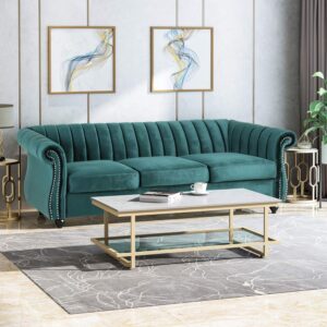 merax upholstered chesterfield sofa, 3 seater vintage couch rolled arm for living room bedroom office, teal