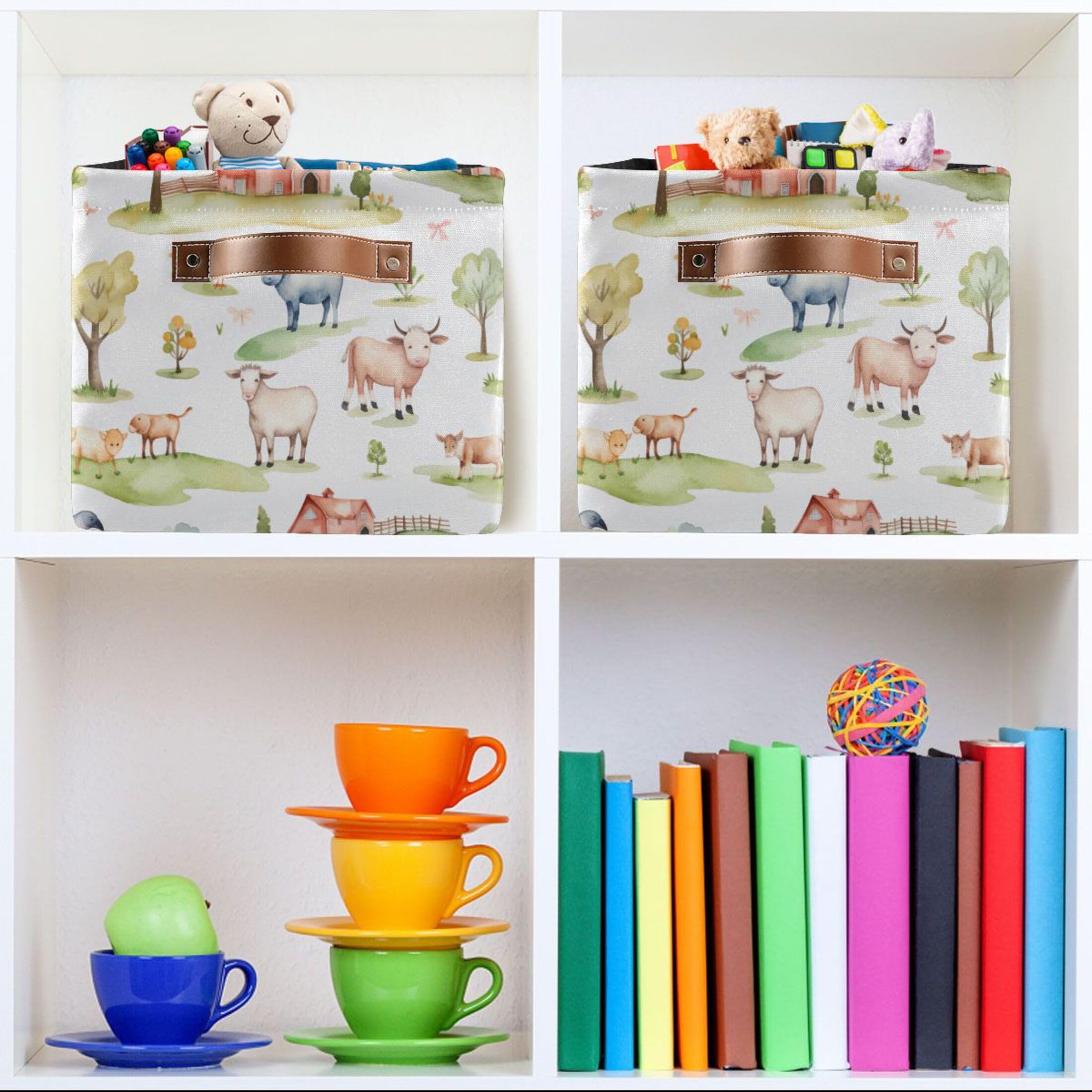 Qilmy Farm Animals Storage Basket with Handles for Organizing, Collapsible Canvas Shelves Storage Bins for Home Closet Bedroom Living Room