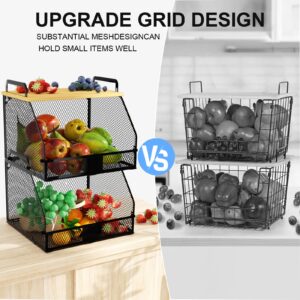 PUPPYCUTE Stackable Wire Basket with Bamboo Top, Wall Mounted Kitchen Counter Pantry Organization and Storage, Cabinet Countertop Space Saving Organizing Produce Fruit Onion Potato Organizer Bin 2 Set