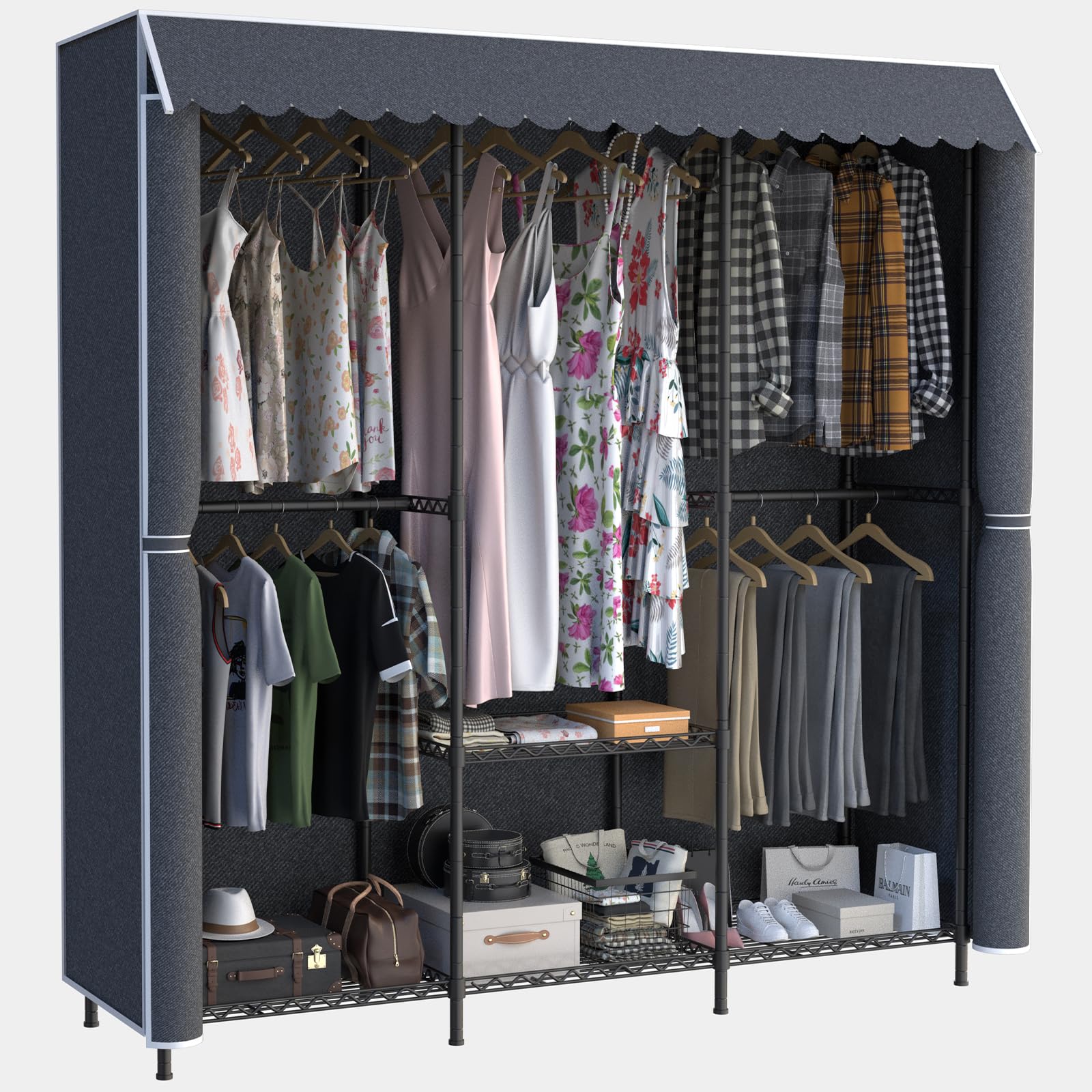 68 inch Heavy Duty Portable Closet Wardrobe Closet with Cover Large Storage Clothes Rack for Hanging Clothes Metal Armoire Wardrobe Closet Shelves Freestanding Clothing Racks for Bedroom Gray 660 LBS