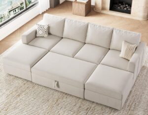 belffin u shaped sectional sleeper sofa with pull out bed convertible velvet modular sectional couch bed with storage ottoman beige