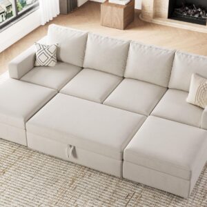 Belffin U Shaped Sectional Sleeper Sofa with Pull Out Bed Convertible Velvet Modular Sectional Couch Bed with Storage Ottoman Beige