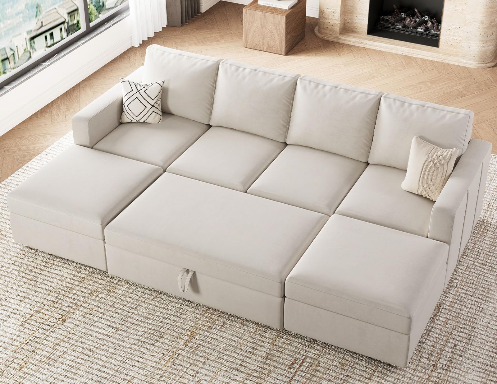 Belffin U Shaped Sectional Sleeper Sofa with Pull Out Bed Convertible Velvet Modular Sectional Couch Bed with Storage Ottoman Beige