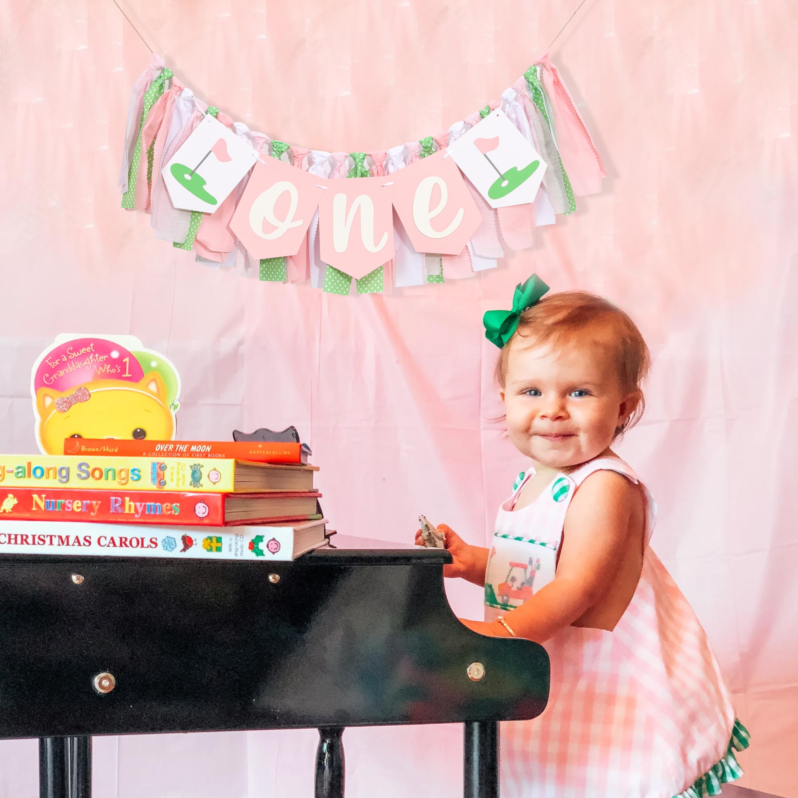 Golf 1st Birthday Decorations For Girls - Hole In One High Chair Banner,Sports Themed First Birthday Photo Props,Golf Pink Green Ribbon One Banner,Baby Girl Smash Cake Backdrop Highchair Banner