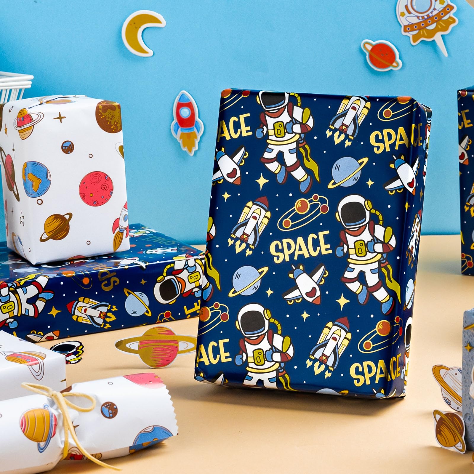 MIMUTI Space Wrapping Paper - Astronaut Gift Wrap Mini Roll - Kids Blue Space Birthday Gift Wrap Roll Boys Wrapping Paper Outer Space Party Favor - 17 in X 33 ft Suitable for Birthdays, Parties