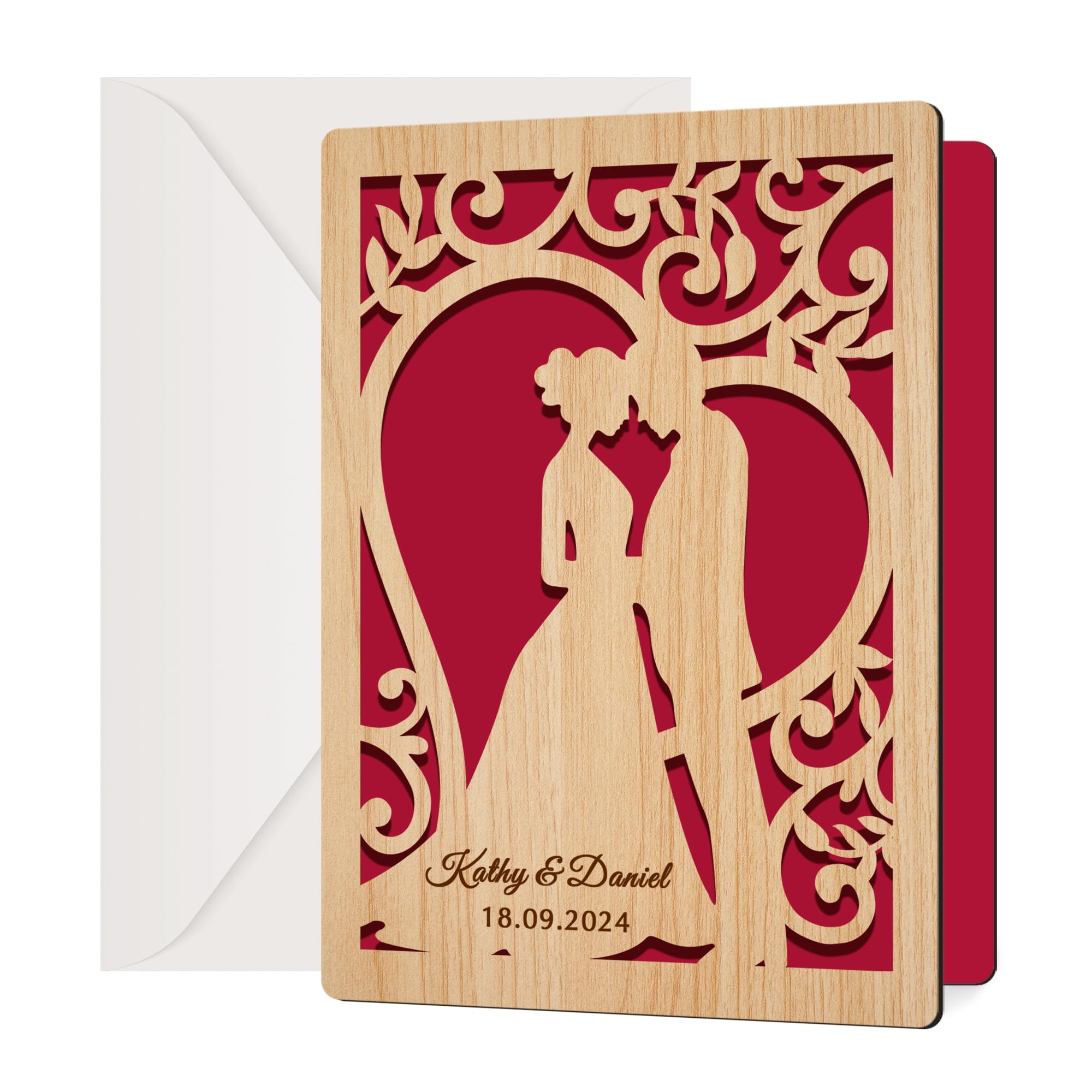 EDSG Personalized Wooden Wedding Card Mr and Mrs Gifts Wedding Cards for Bride and Groom New Couples Anniversary Card for Women Wife Her Wedding Greeting Card with Any Name & Date(Design 1)