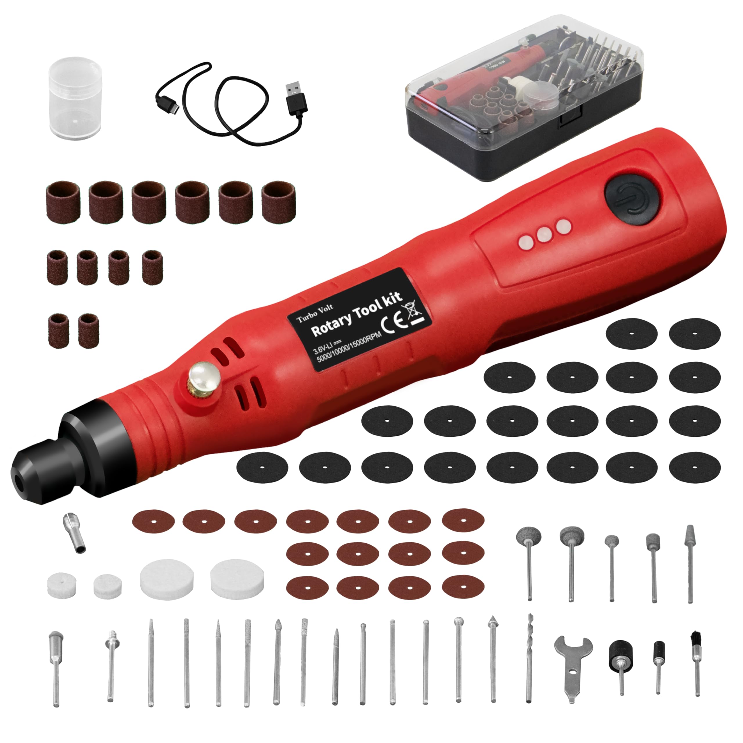 TurboVolt 3.7V Rotary Tool Kit Cordless,3-Speed Multi Power Carving Grinder Tools 15000RPM with 2.0Ah Rechargeable Battery,76Pcs Accessories for Engraving,Sanding,Polishing,Drilling,Grinding,DIY