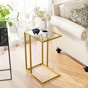 C Shaped End Side Table Set of 2,Couch Sofa Table for Small Space,Tempered Glass Snack Side Table with Metal Frame for Living Room, Bedroom, Bedside, Modern Style, Gold