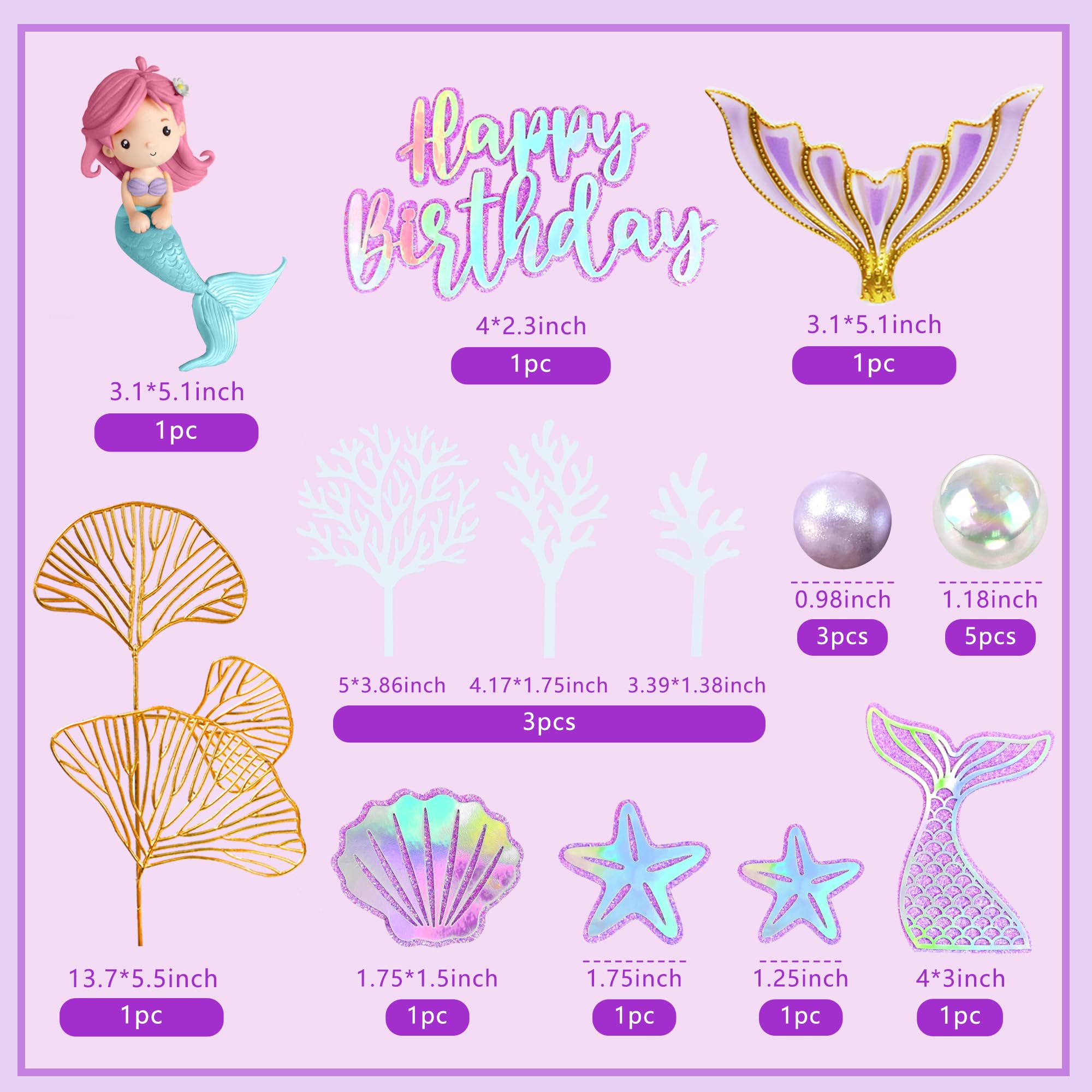 DRWATE Mermaid Cake Toppers with 3D Mermaid Shell Starfish Fishtail Balls for Kids Girls Birthday Party Baby Shower Supplies (Style1)