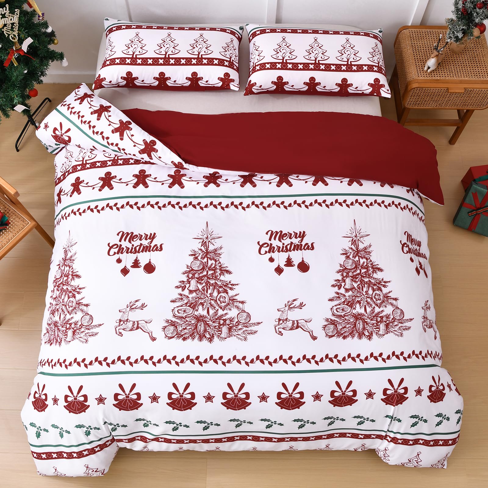 Xruibed Christmas Duvet Cover Set Queen Size 3PCS Xmas Tree Reindeer Pattern Duvet Cover Lightweight Microfiber Bedding Set with Zipper Closure for Adults Teens (Queen,90''x90'')