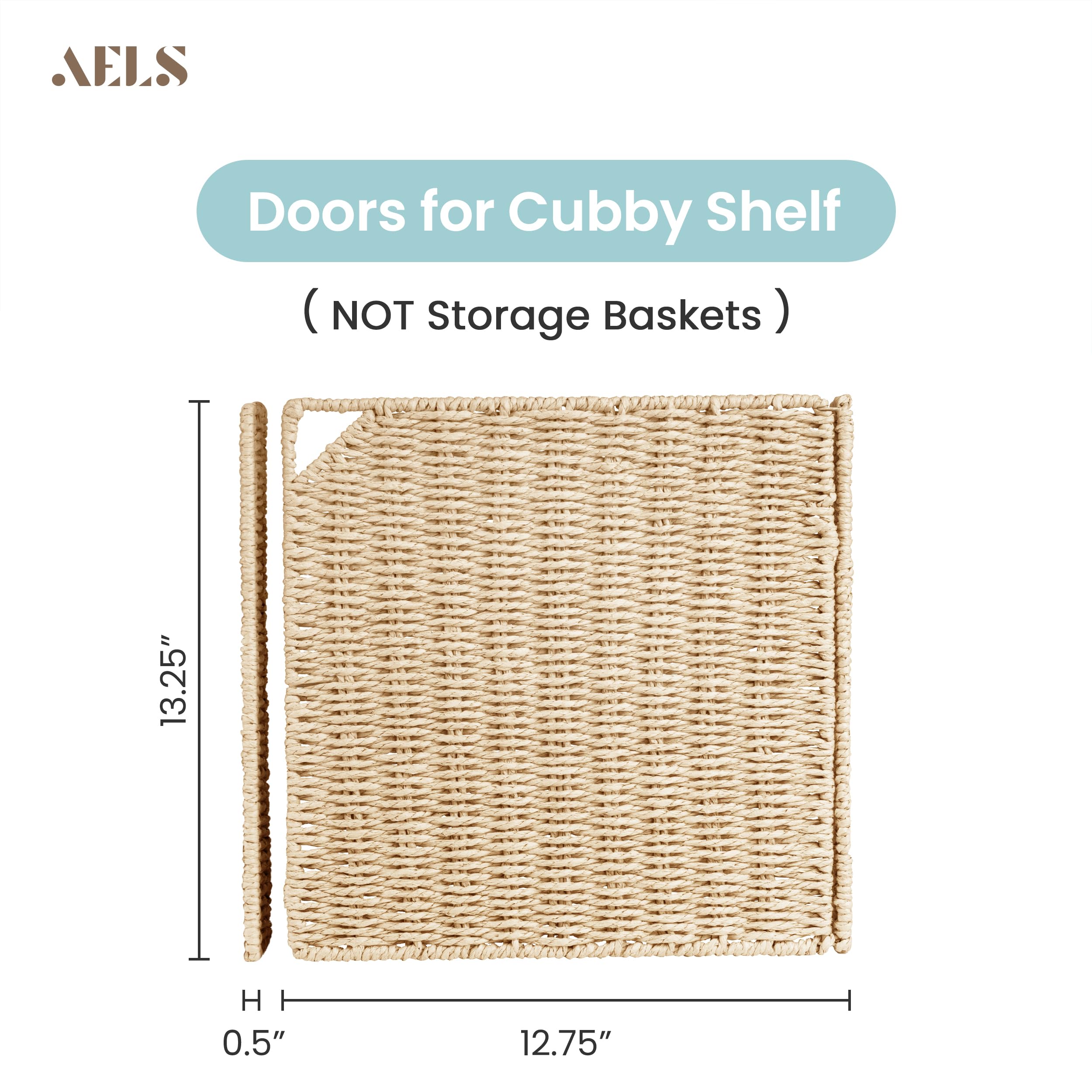 AELS 13" Handwoven Natural Fibre Doors for Cube Storage Shelf, Set of 4, Boho Straw Shelf Cover for Bookcase & Open Bookshelf, Rustic Farmhouse Home Decor, fit IKEA Kallax Shelf, Beige (Door ONLY)