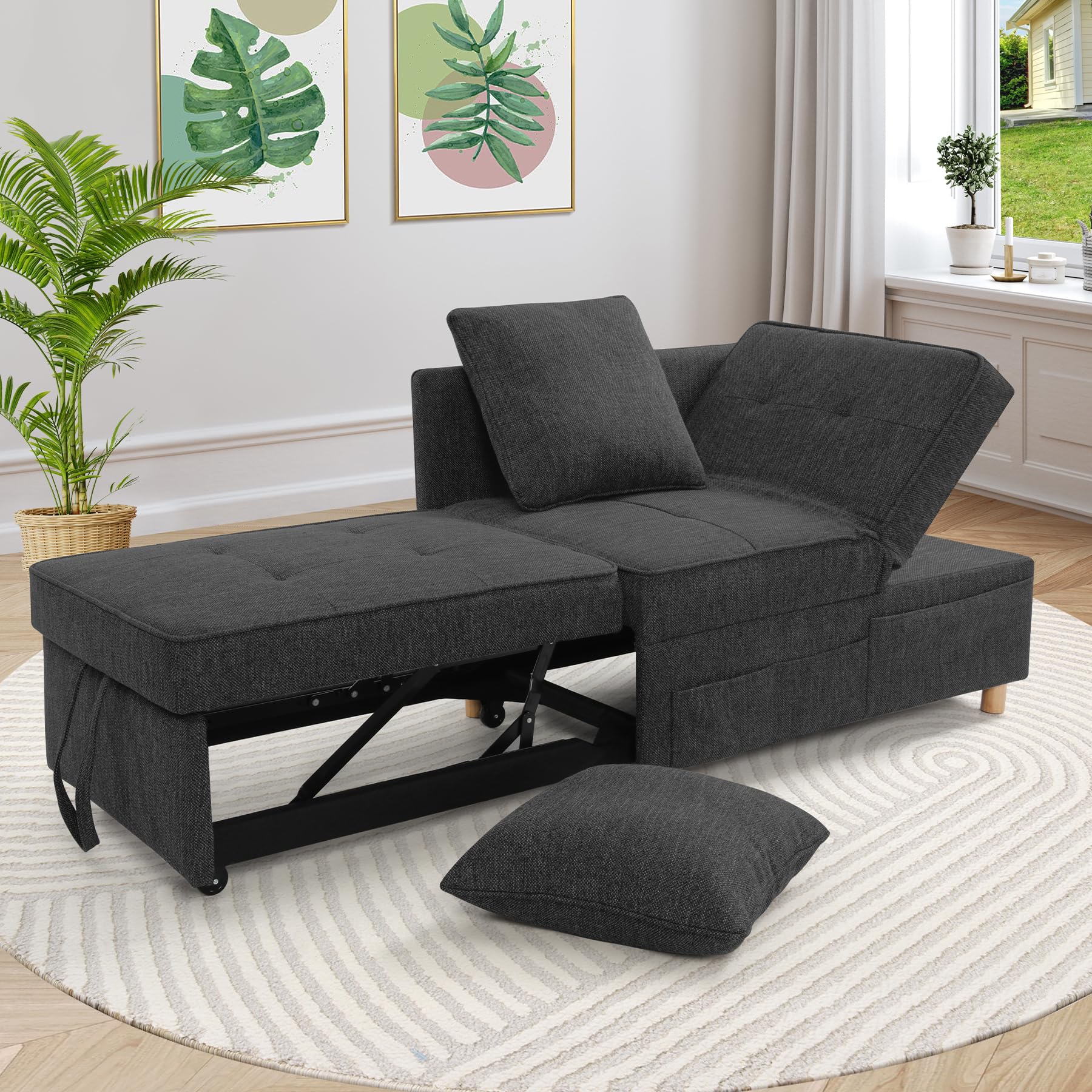 Sofa Bed,4-in-1 Convertible Sleeper Sofa Chair Bed,3-Seat Pull Out Sofa Bed,Loveseat Sofa with Linen Fabric,Single Recliner with 5 Adjustable Backrests & 2 Pillows for Apartment Small Space,Black