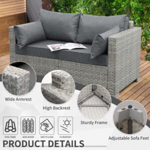 WAROOM Patio Loveseat Outdoor Wicker Small Couch PE Rattan 2-Seater Furniture Sofa, Deep Patio Seating with Grey Cushion