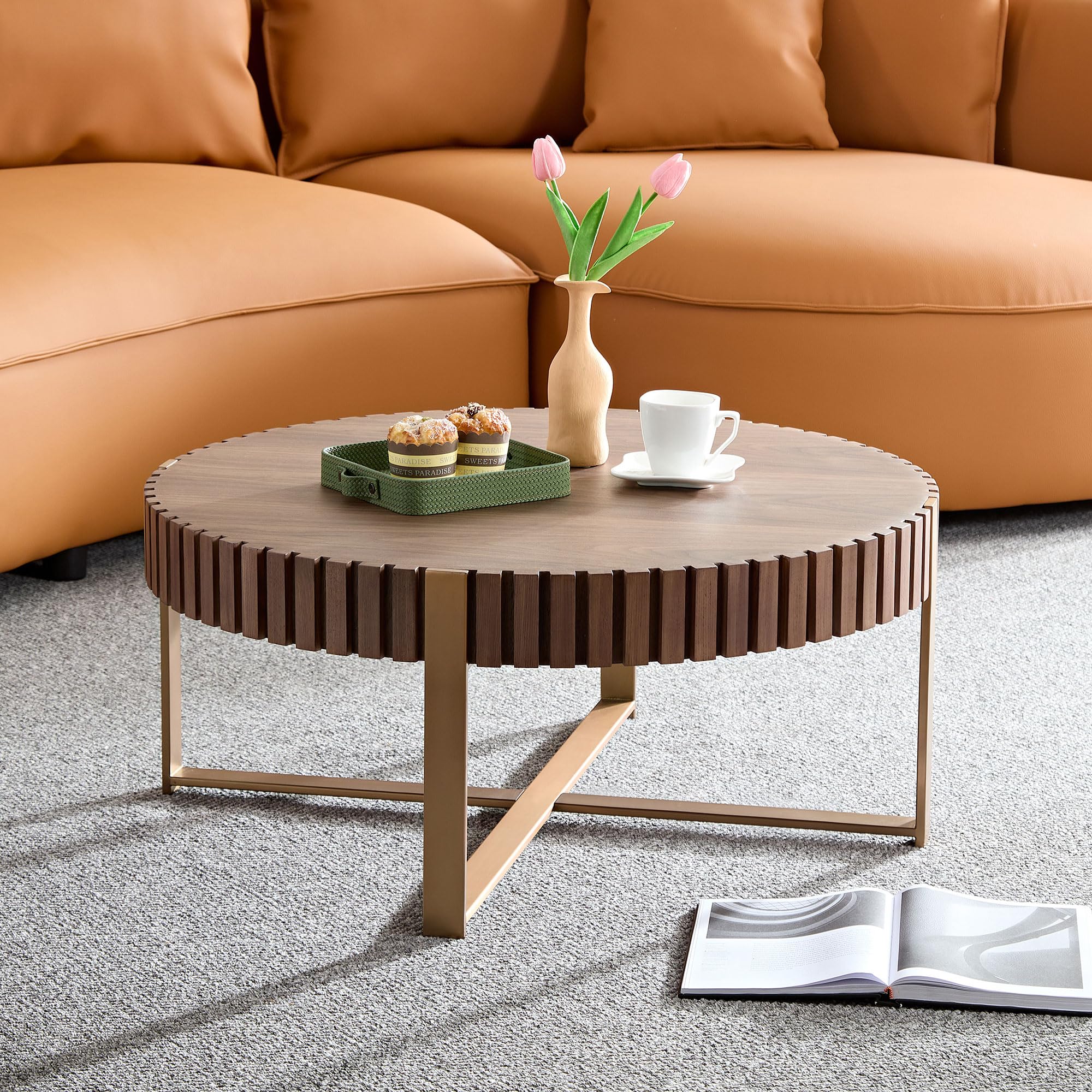 LKTART 31.5'' Round Coffee Table for Living Room, Solid Wood Handcraft Drum Coffee Table, Wooden Felief Coffee Table, Stainless Steel Legs Sturdy Pedestal Tea Table, Apartment Small Space,Walnut