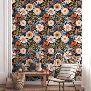 HAOKHOME Boho Peel and Stick Wallpaper Floral Wall Paper Removable for Bedroom Navy/Pink/Orange Contact Paper 17.7in x 9.8ft