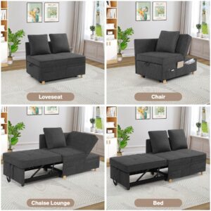 Sofa Bed,4-in-1 Convertible Sleeper Sofa Chair Bed,3-Seat Pull Out Sofa Bed,Loveseat Sofa with Linen Fabric,Single Recliner with 5 Adjustable Backrests & 2 Pillows for Apartment Small Space,Black