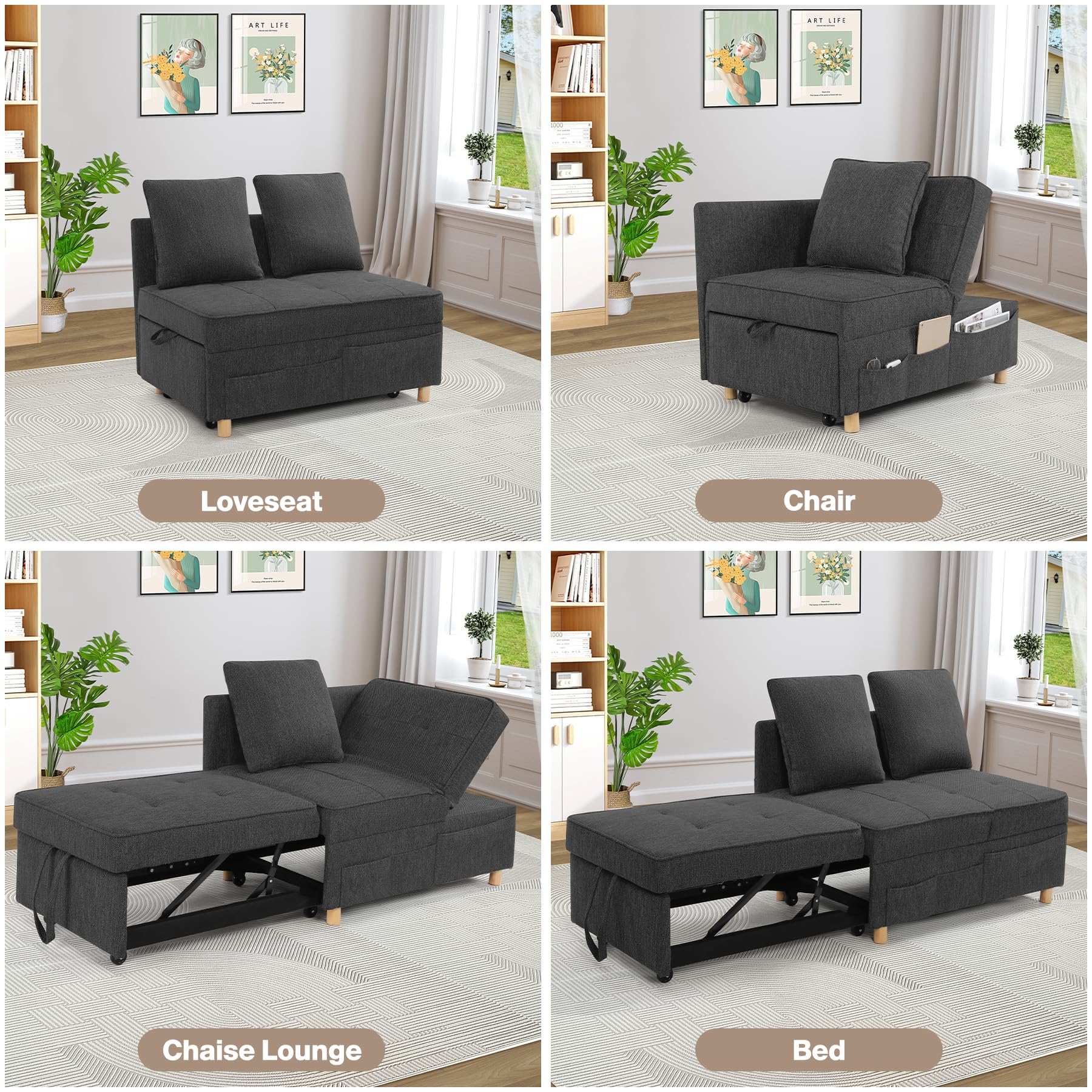 Sofa Bed,4-in-1 Convertible Sleeper Sofa Chair Bed,3-Seat Pull Out Sofa Bed,Loveseat Sofa with Linen Fabric,Single Recliner with 5 Adjustable Backrests & 2 Pillows for Apartment Small Space,Black