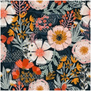 haokhome boho peel and stick wallpaper floral wall paper removable for bedroom navy/pink/orange contact paper 17.7in x 9.8ft