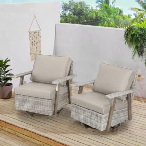 Auzfy 2 Pieces Oversized Outdoor 360° Swivel Rocker Patio Chairs Set, Outdoor Swivel Rocking Glider Chairs Set of 2, PE Wicker Rattan Outdoor Patio Swivel Rocking Furniture Set, Grey