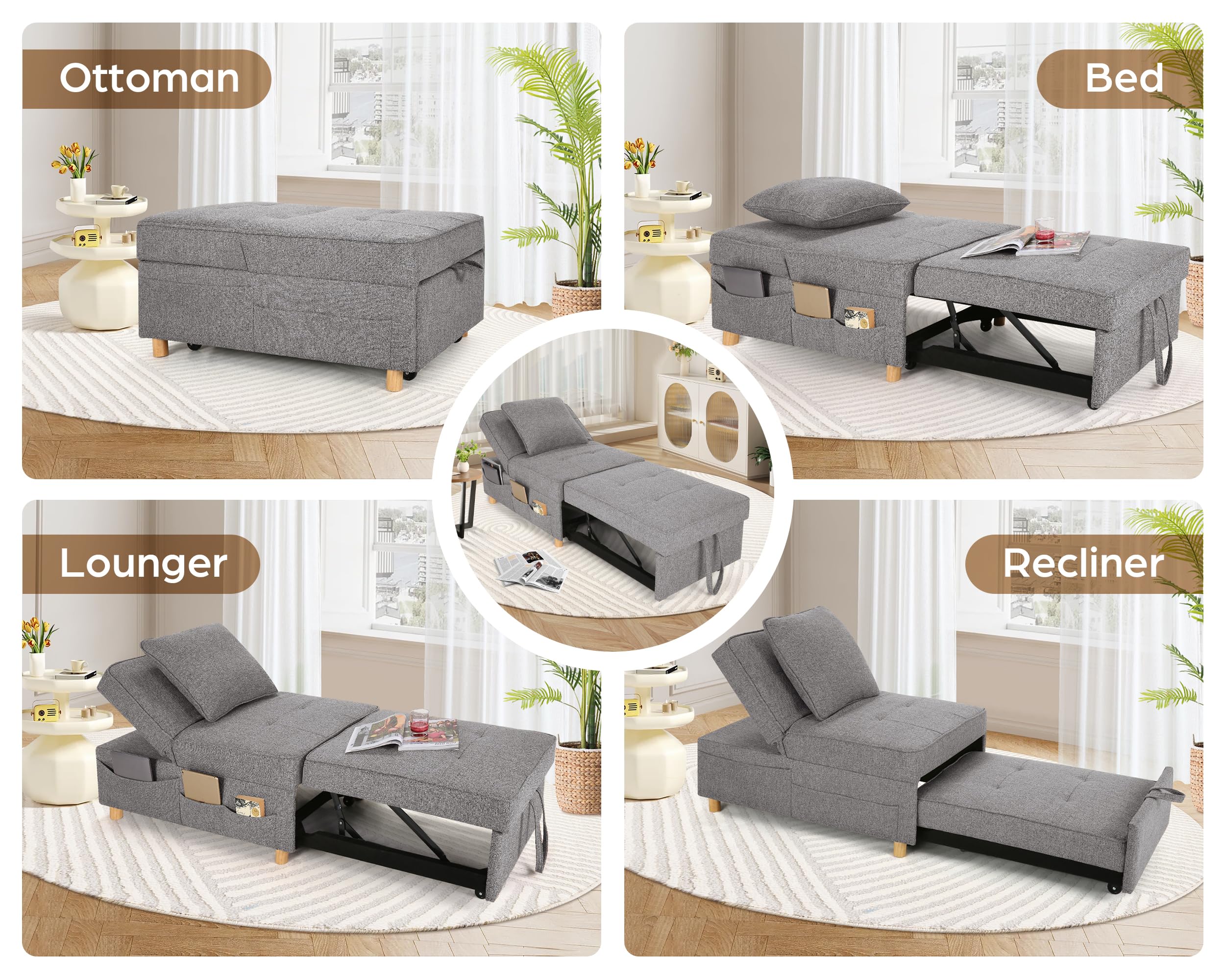 SEJOV Convertible Sofa Bed, 4-in-1 Sleeper Sofa Chair Bed with 6 Adjustable Backrest and Pillow,3-Seat Folding Ottoman Couch Bed Linen for Bedroom Small Space Living Room Office, Grey