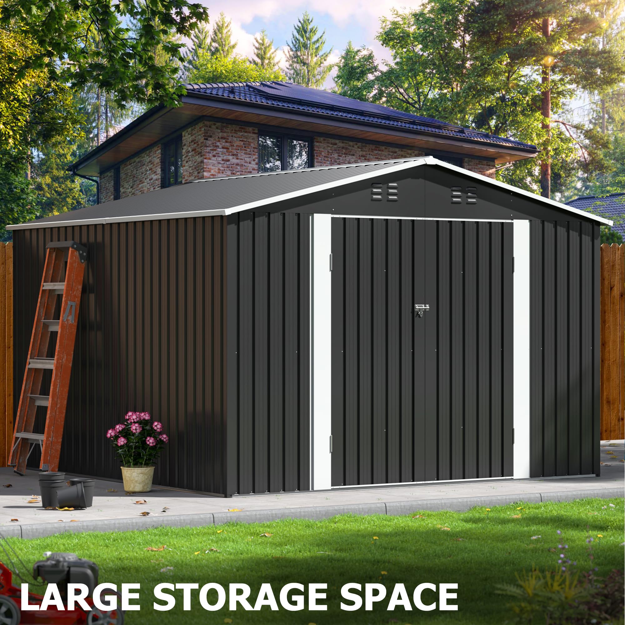 AirWire 10x10 FT Outdoor Storage Shed, Garden Shed with Updated Frame Structure and Lockable Doors, Metal Tool Sheds for Backyard Garden Patio Lawn, Grey