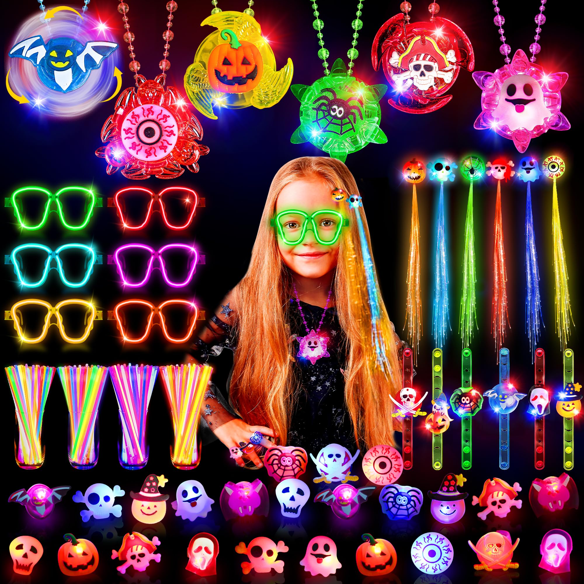 108 Halloween Party Favors Toys for Kids, Light Up Rings Necklaces Halloween Treats Goodie Bag Fillers Pinata Stuffers Classroom Prizes Halloween Glow Sticks Bulk Trick or Treat Toy Non Candy Supplies